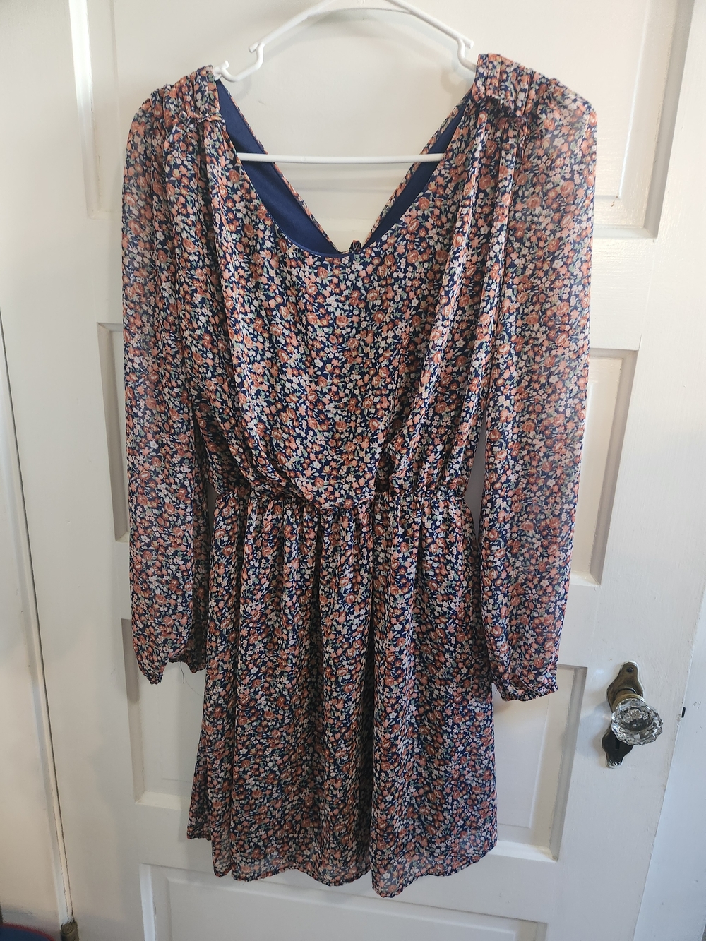 Navy and Pink Floral Long-Sleeve Chiffon Dress